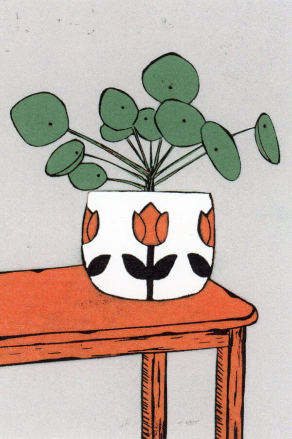 Chinese Money Plant lino print card by Esther Rolls