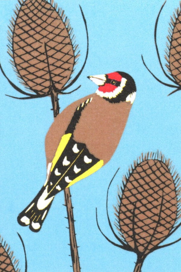 Goldfinch on teasels lino print card by Esther Rolls