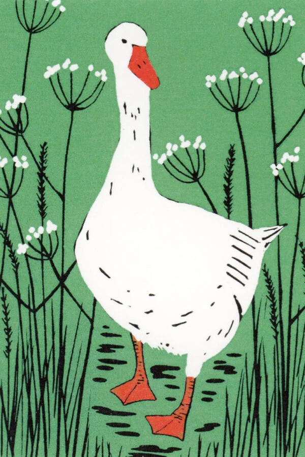 White goose and cow parsley lino print card by Esther Rolls