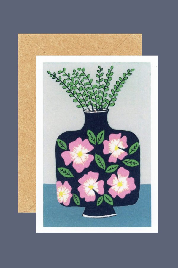 rose vase lino print card