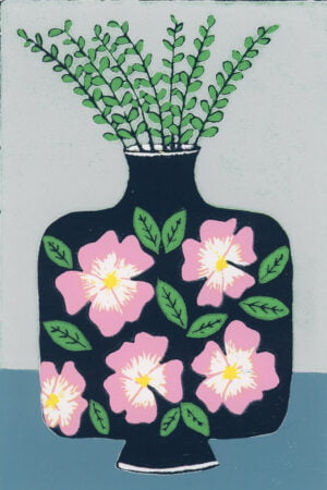 Rose vase original lino print by Esther Rolls