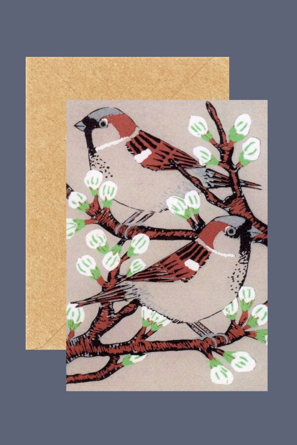 Sparrows lino print card