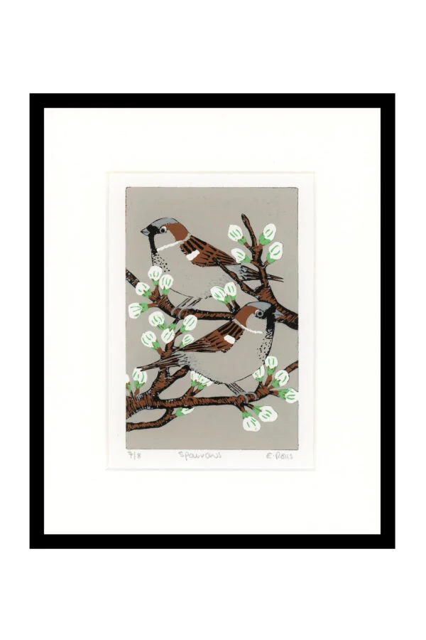 Sparrows original lino print by Esther Rolls