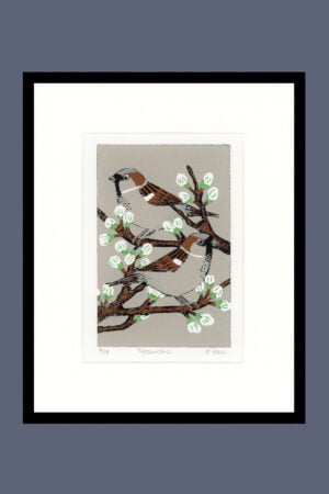 Sparrows original lino print by Esther Rolls