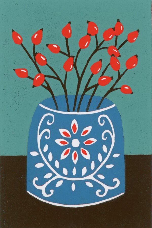 Vase of Rosehips original lino print by Esther Rolls