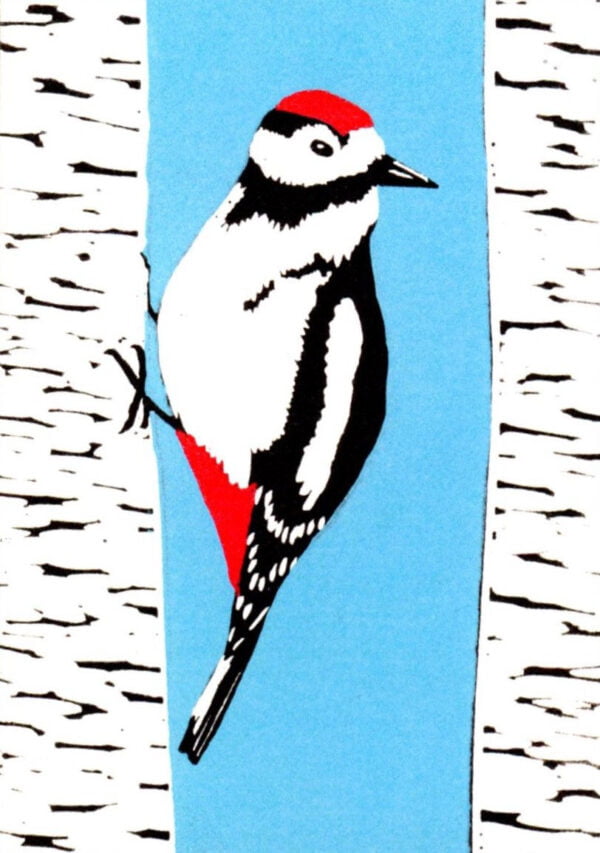 Woodpecker on silver birch lino print card by Esther Rolls