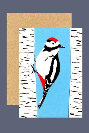 blank art card of a woodpecker on silver birch