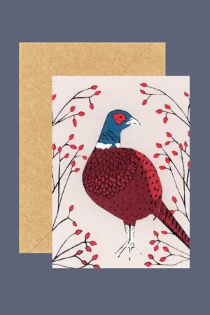 blank art card of a pheasant and rosehips